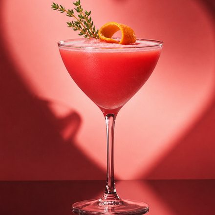 Pink cocktail with thyme against a rose backdrop