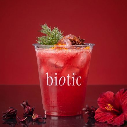 Deep red biotic cup with hibiscus flowers