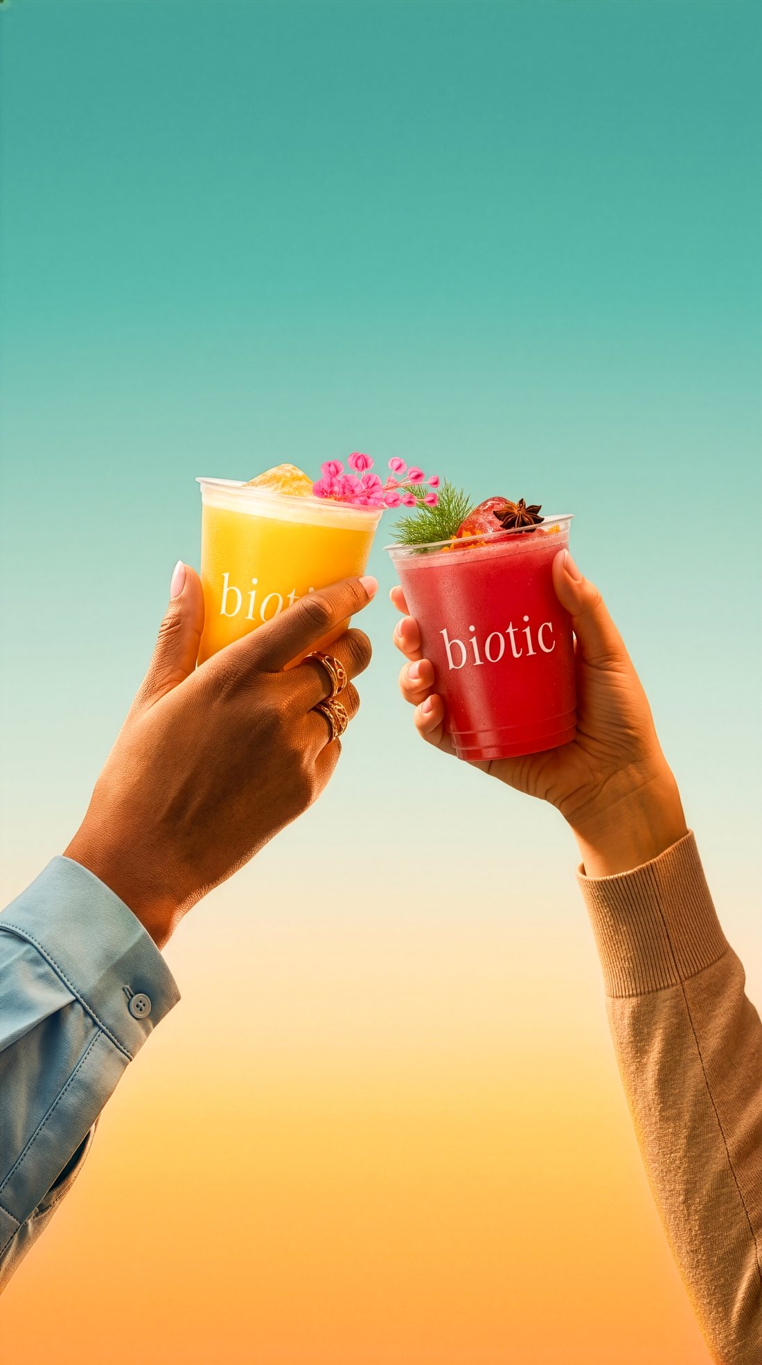 Two hands toasting with biotic cups against a bright sky