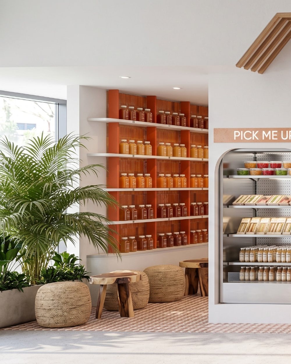 The biotic shop at Chidlom, with shelves of bottles and the pick-me-up fridge