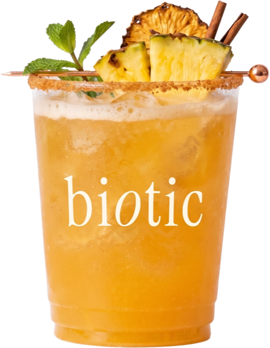 Golden pineapple tepache drink in a plastic cup with dried pineapple, pineapple wedges and cinnamon